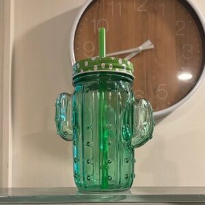 Green Cactus-Shaped Glass Tumbler with Straw